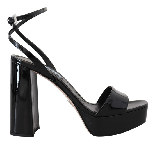 Prada – Glossy Black Patent Leather Block Heel Sandals