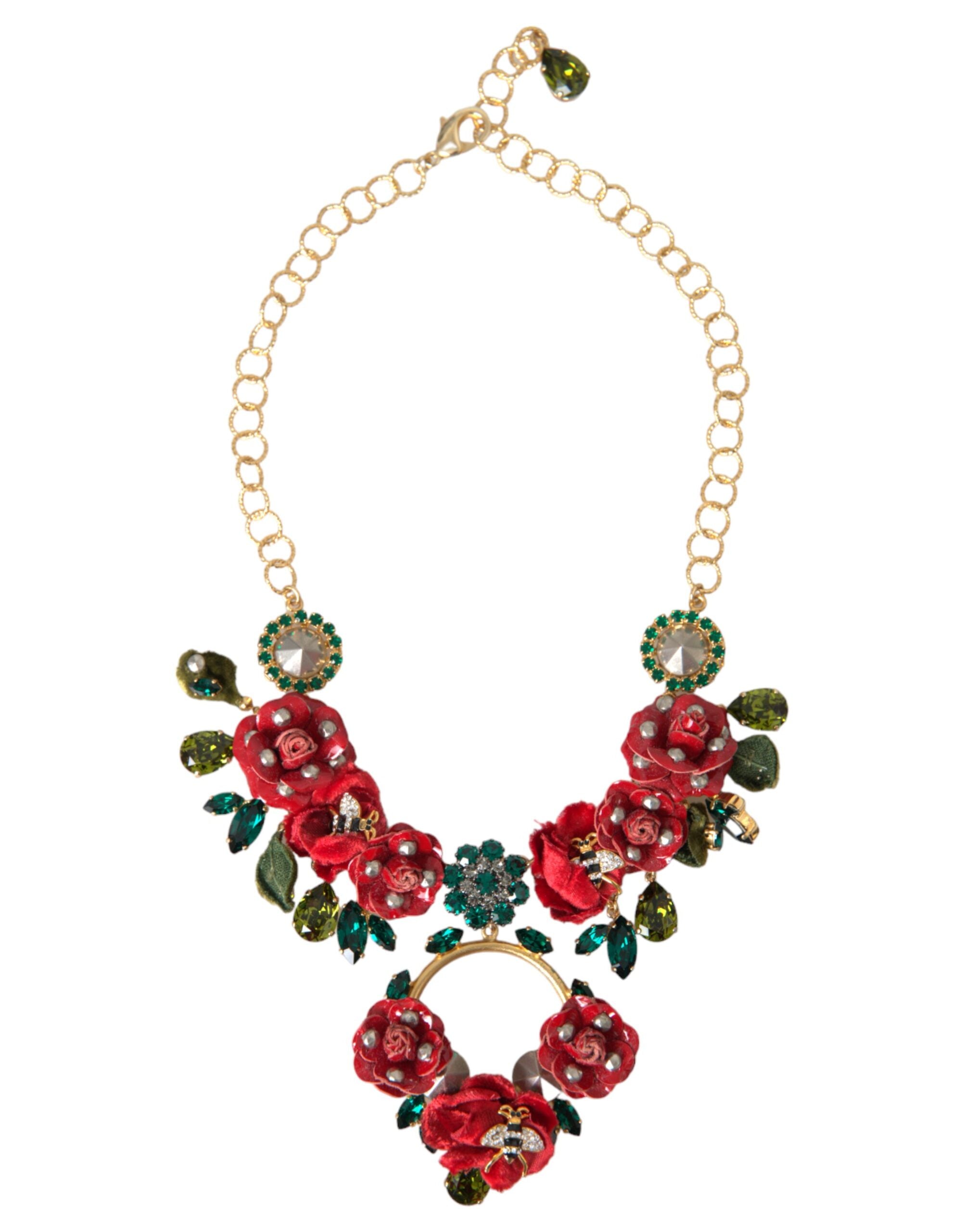 Dolce & Gabbana - Gold Brass Link Chain RosePetal Crystal Pendant Necklace