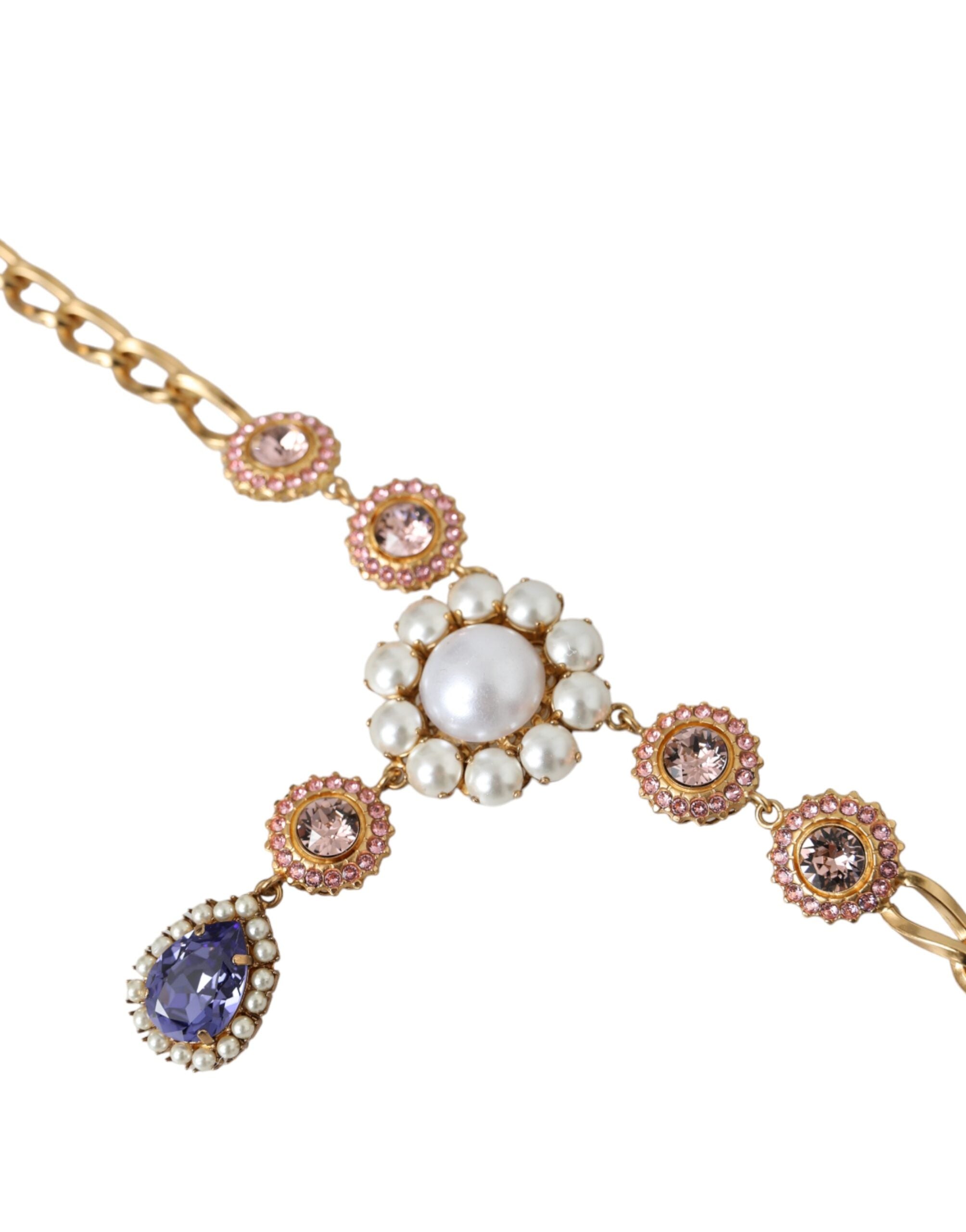 Dolce & Gabbana - Gold Brass Crystal Purple Pink Pearl Pendants Necklace
