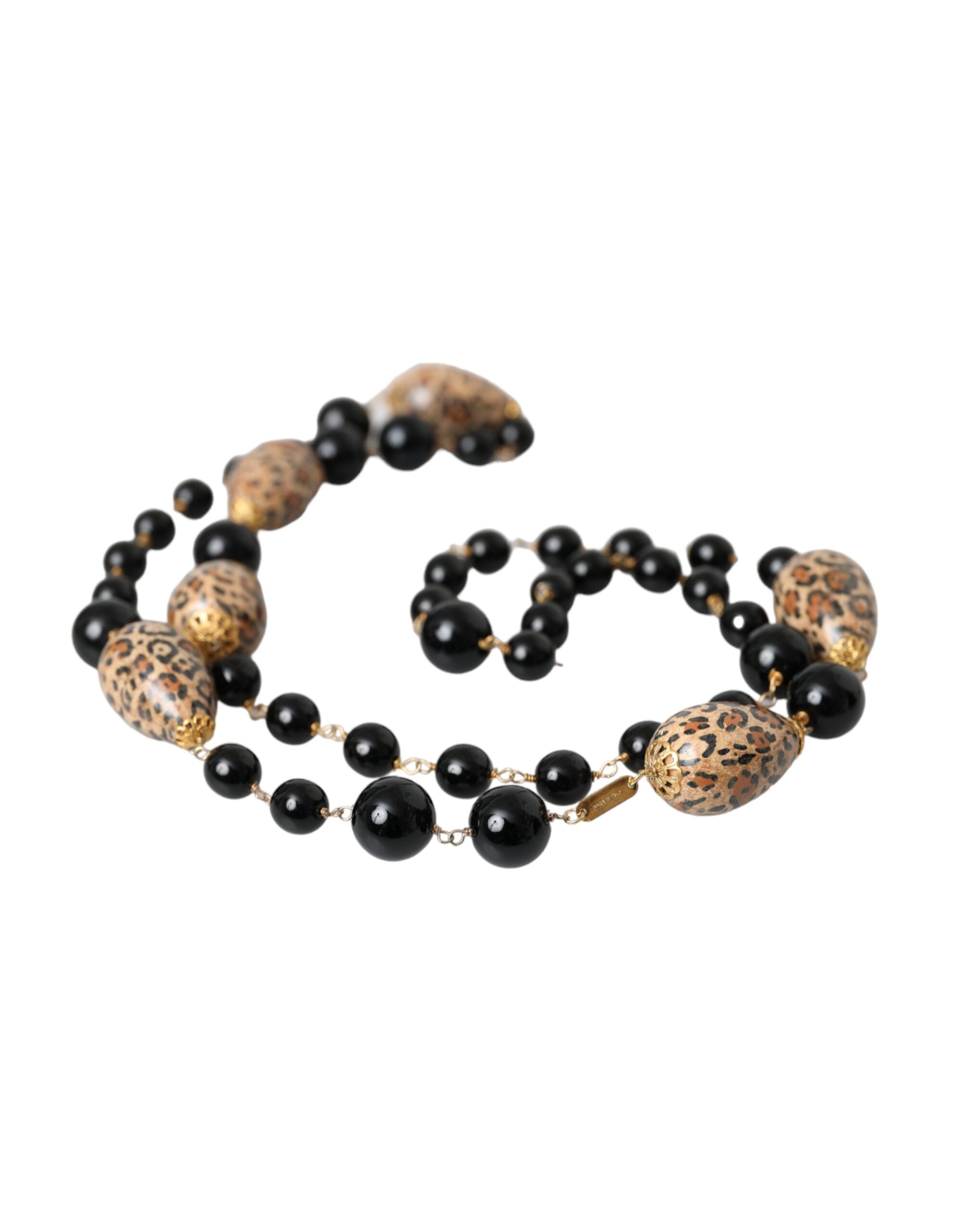 Dolce & Gabbana - Gold Tone Brass Black Printed Beaded Long Chain Necklace