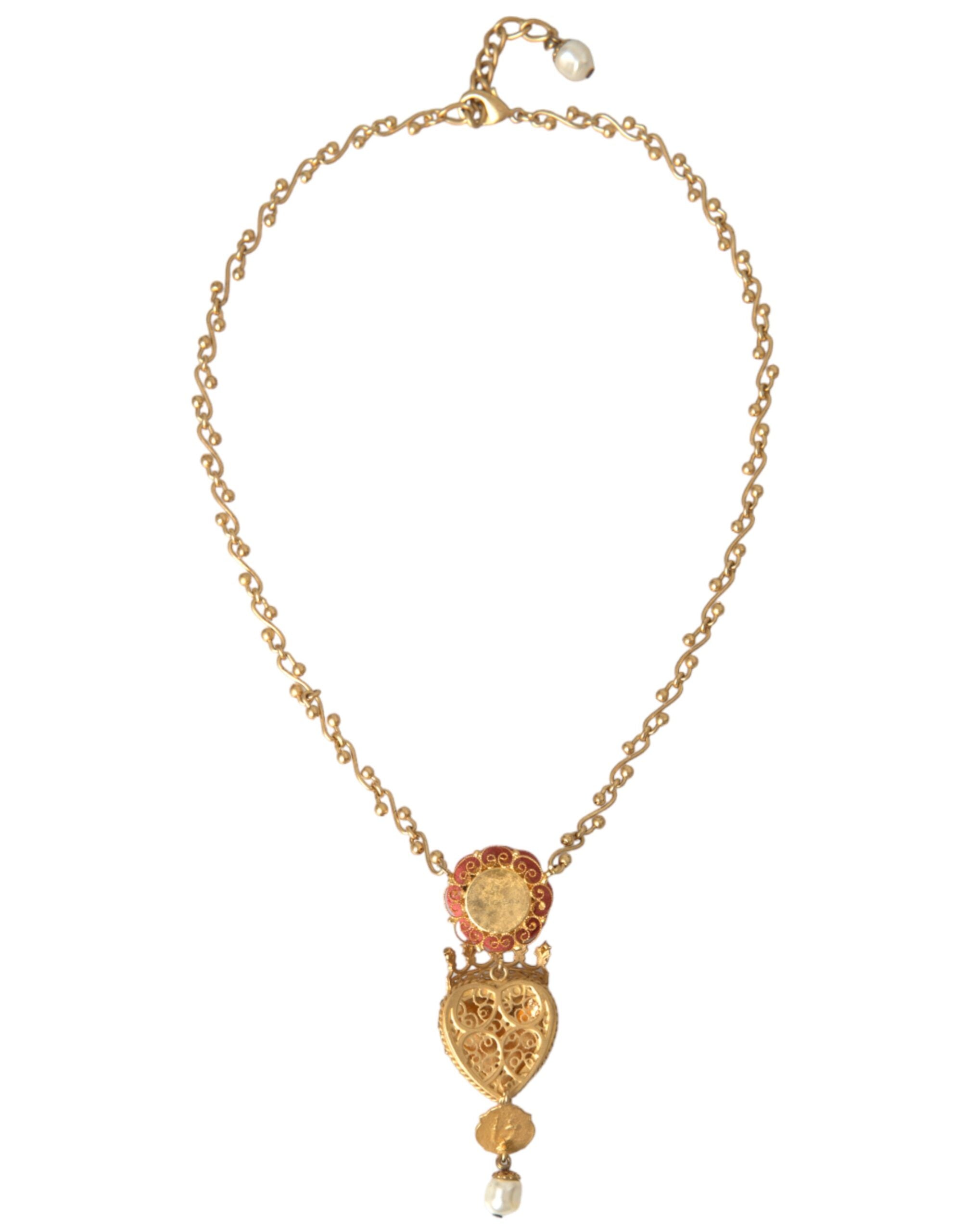 Dolce & Gabbana - Gold BrassChain Sacred Heart Rose Crystal Charm Necklace