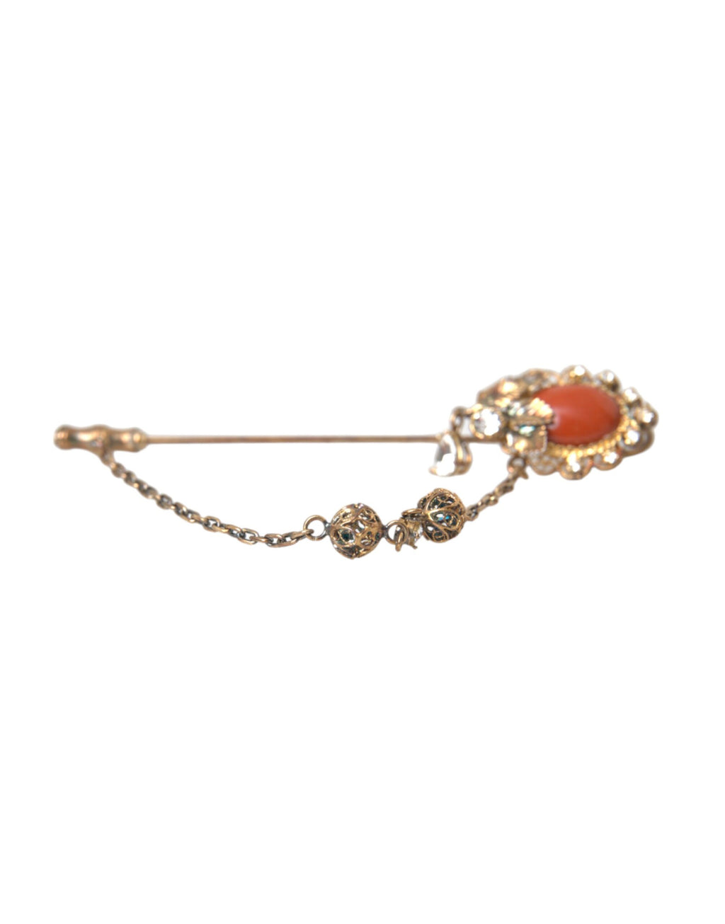 Dolce & Gabbana - Gold Brass Crystal Chain 925 Sterling Silver Pin Brooch