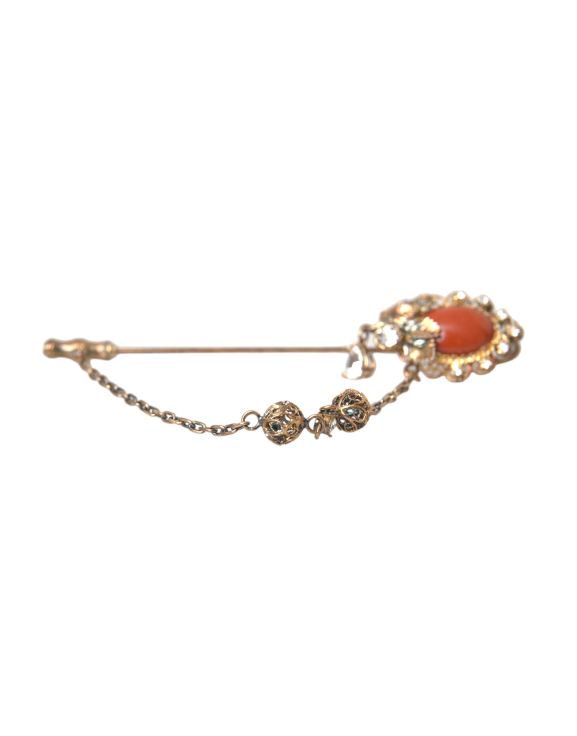 Dolce & Gabbana - Gold Brass Crystal Chain 925 Sterling Silver Pin Brooch