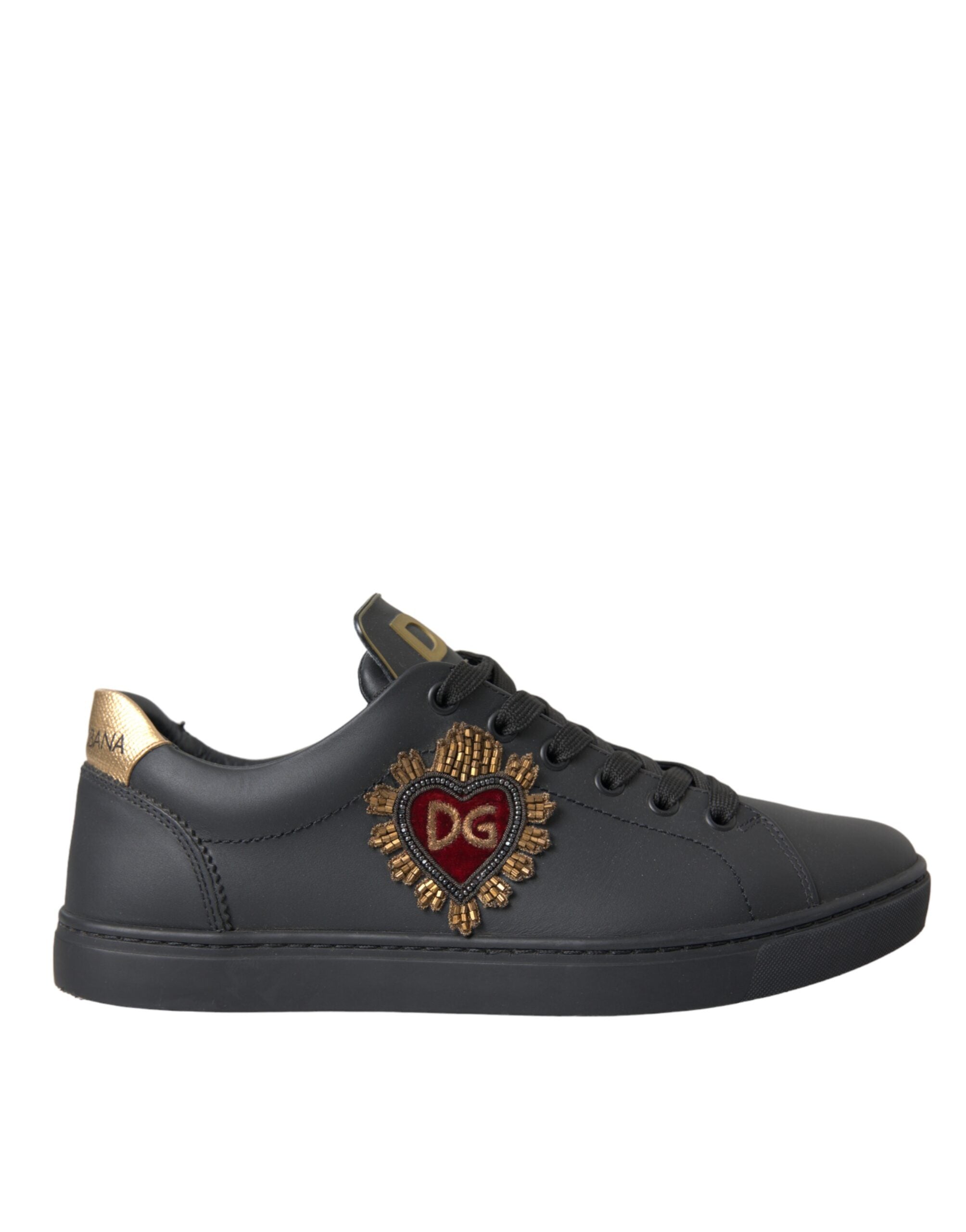 Dolce & Gabbana – Black Leather Heart Embellished Sneakers