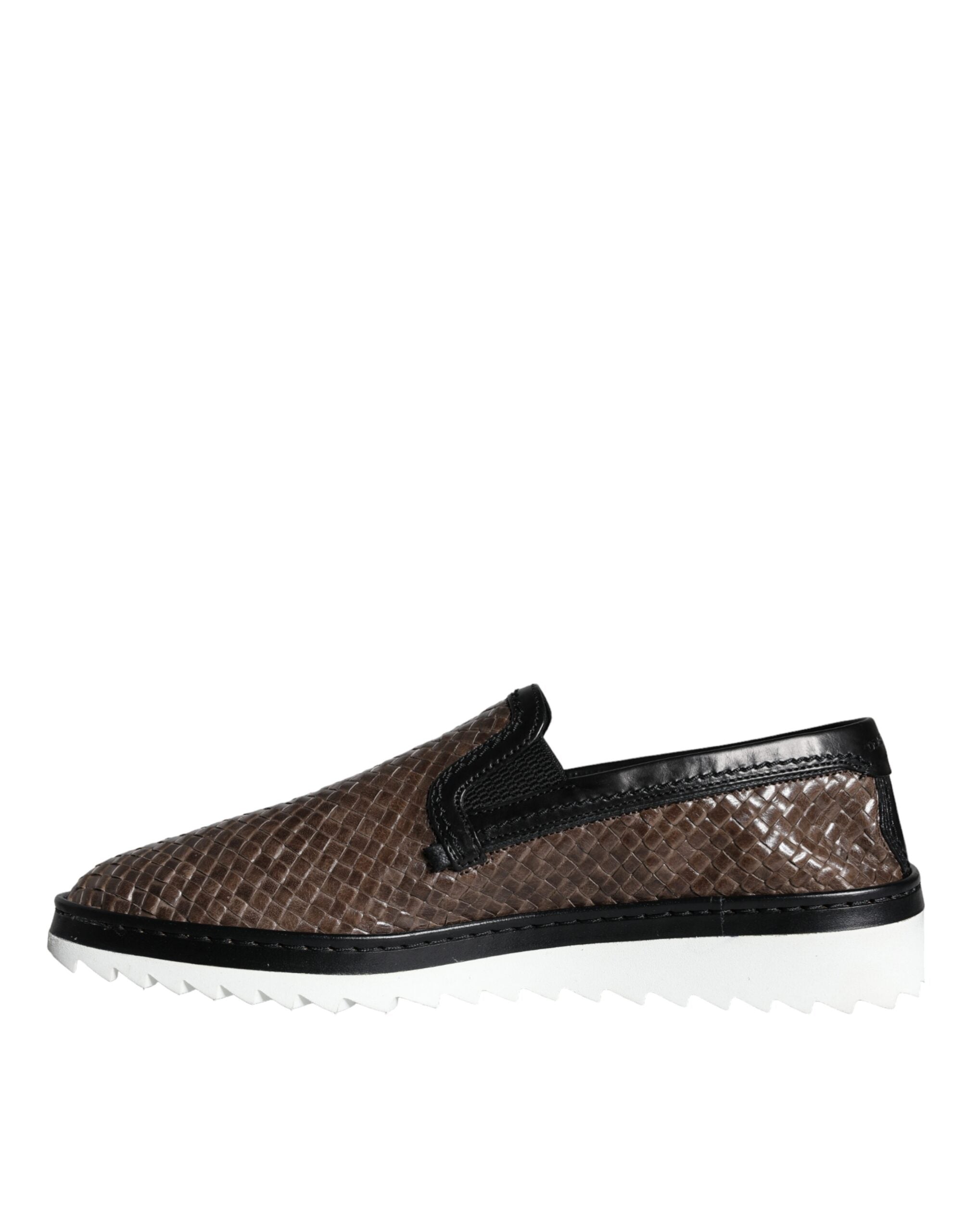 Dolce & Gabbana - Brown Black Leather Weaved Men Loafers