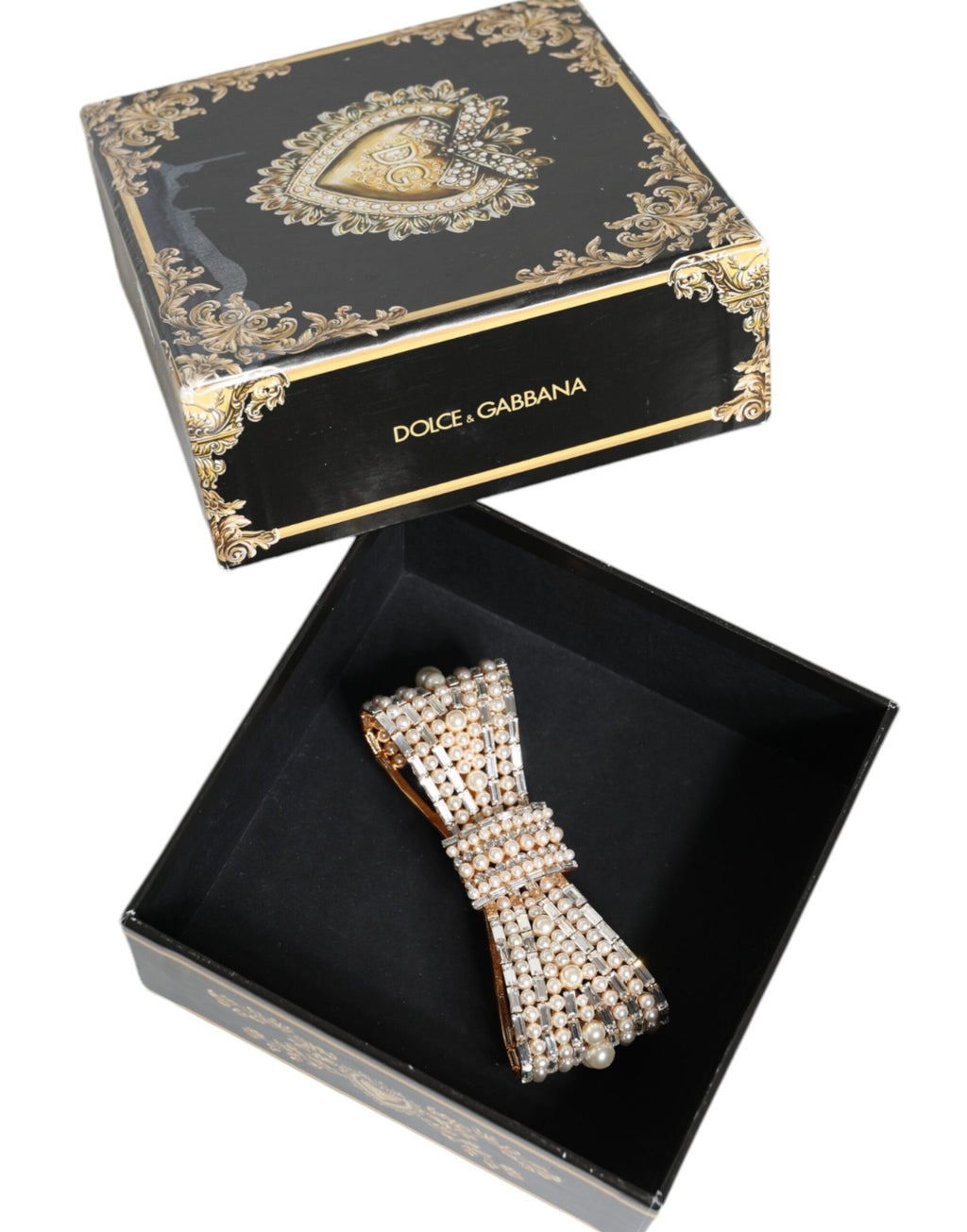 Dolce & Gabbana - Gold Tone Brass Bow Crystal FauxPearl Embellished Brooch