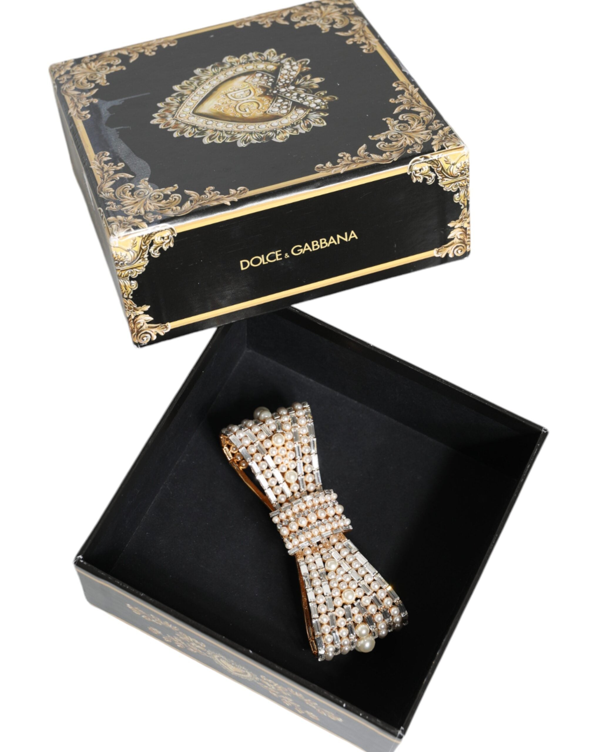 Dolce & Gabbana - Gold Tone Brass Bow Crystal FauxPearl Embellished Brooch