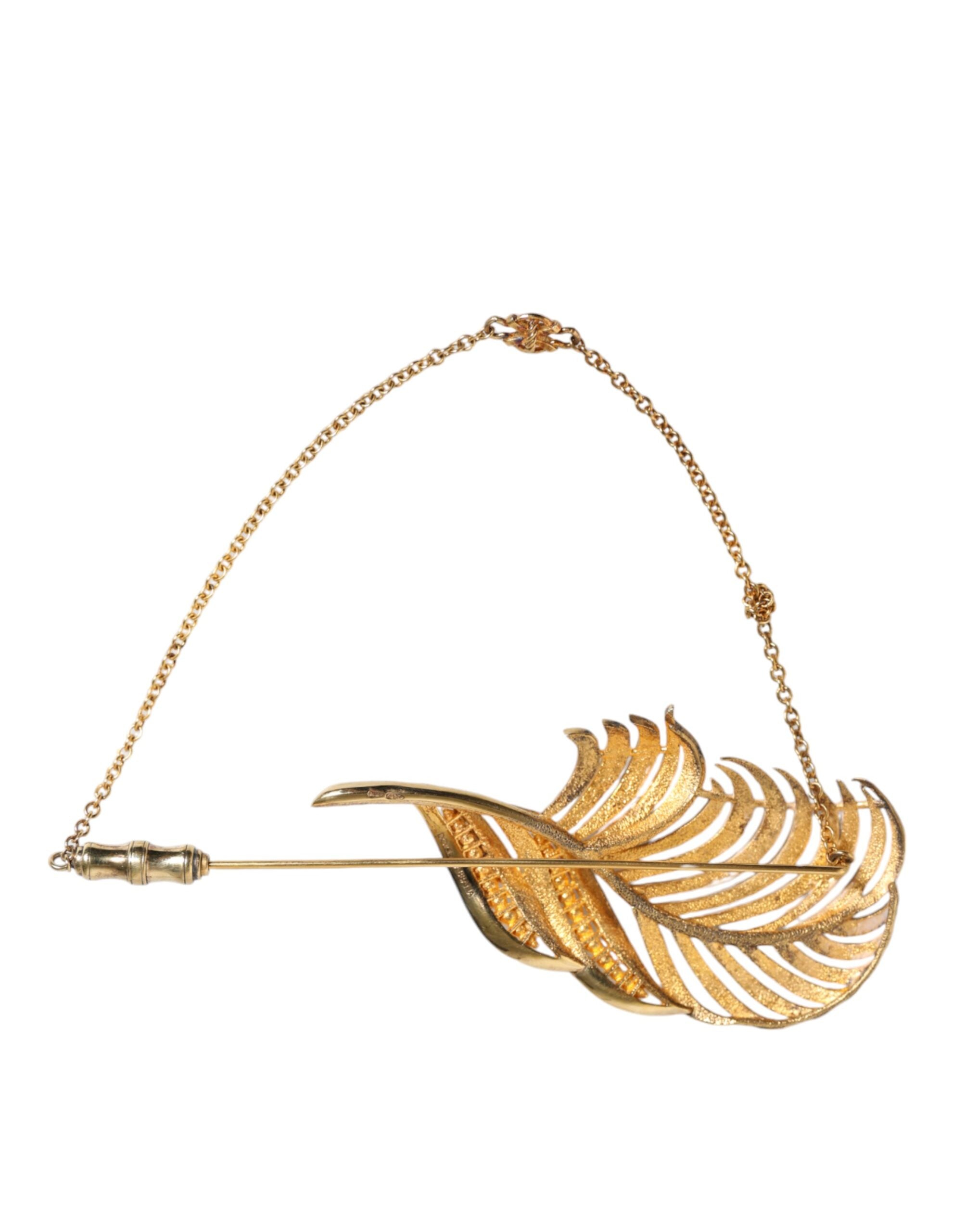 Dolce & Gabbana - Gold Tone 925 Sterling Silver Leaf Crystal Chain Brooch