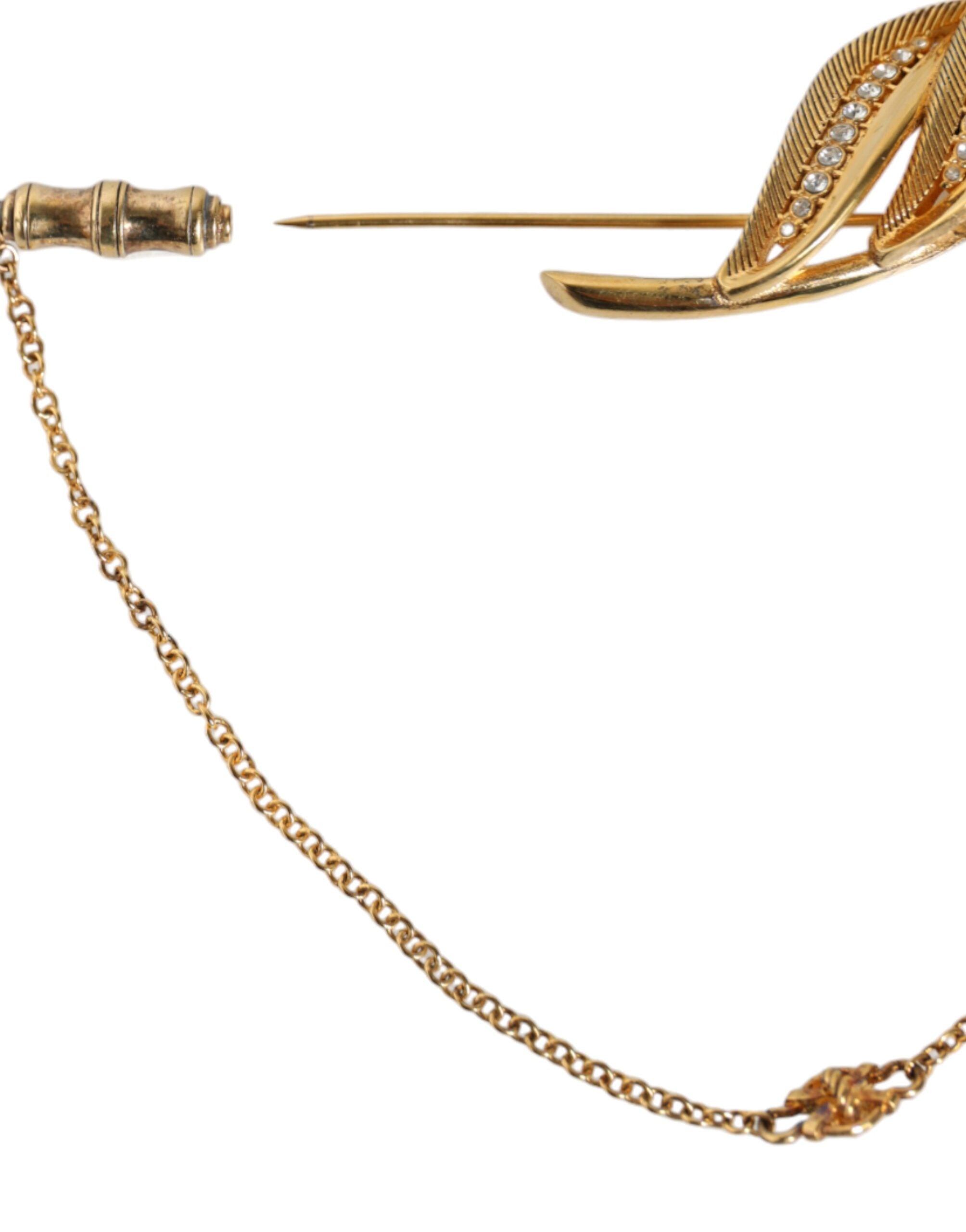 Dolce & Gabbana - Gold Tone 925 Sterling Silver Leaf Crystal Chain Brooch