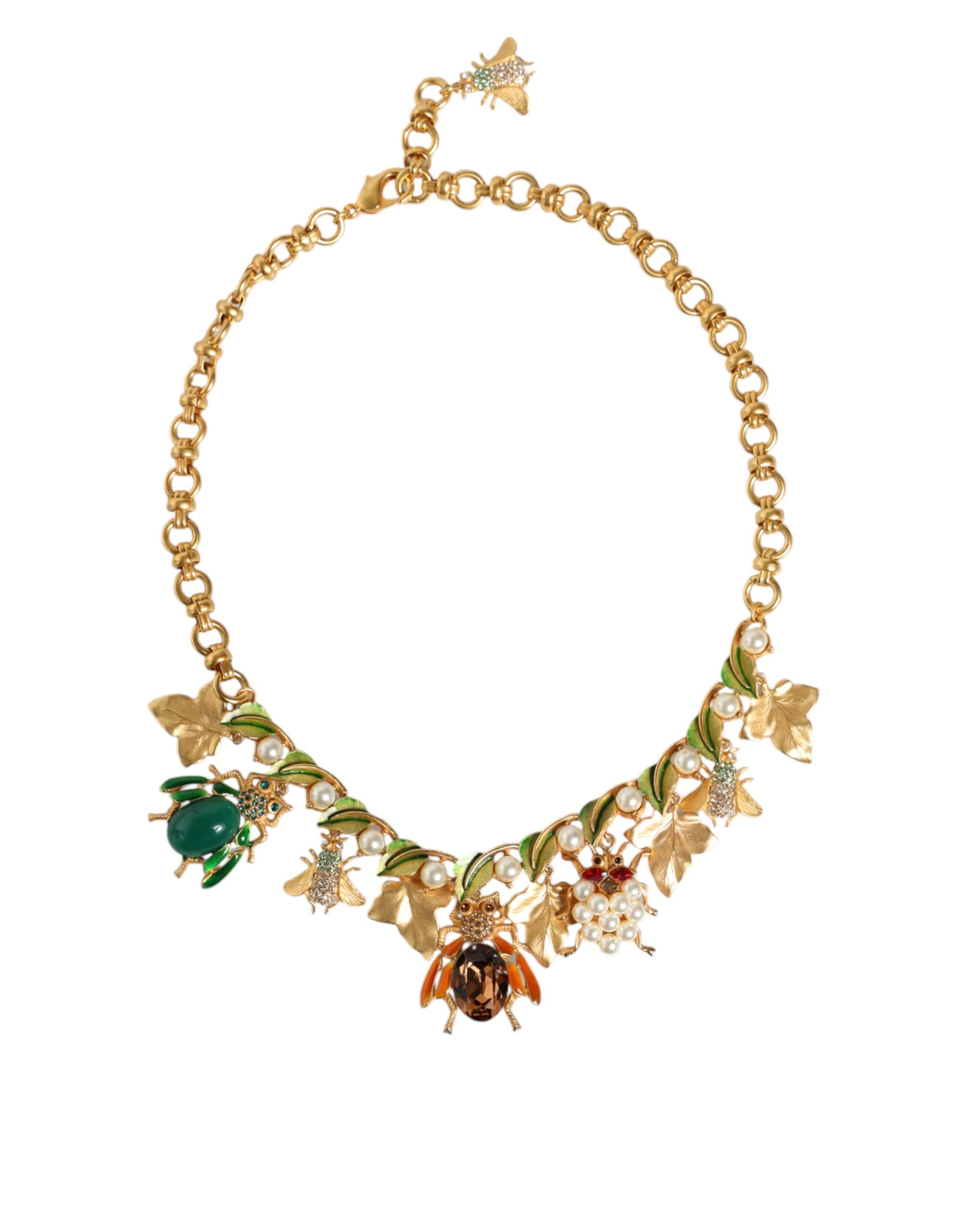 Dolce & Gabbana - Gold Brass Crystal Bug Charm Pendant Statement Necklace
