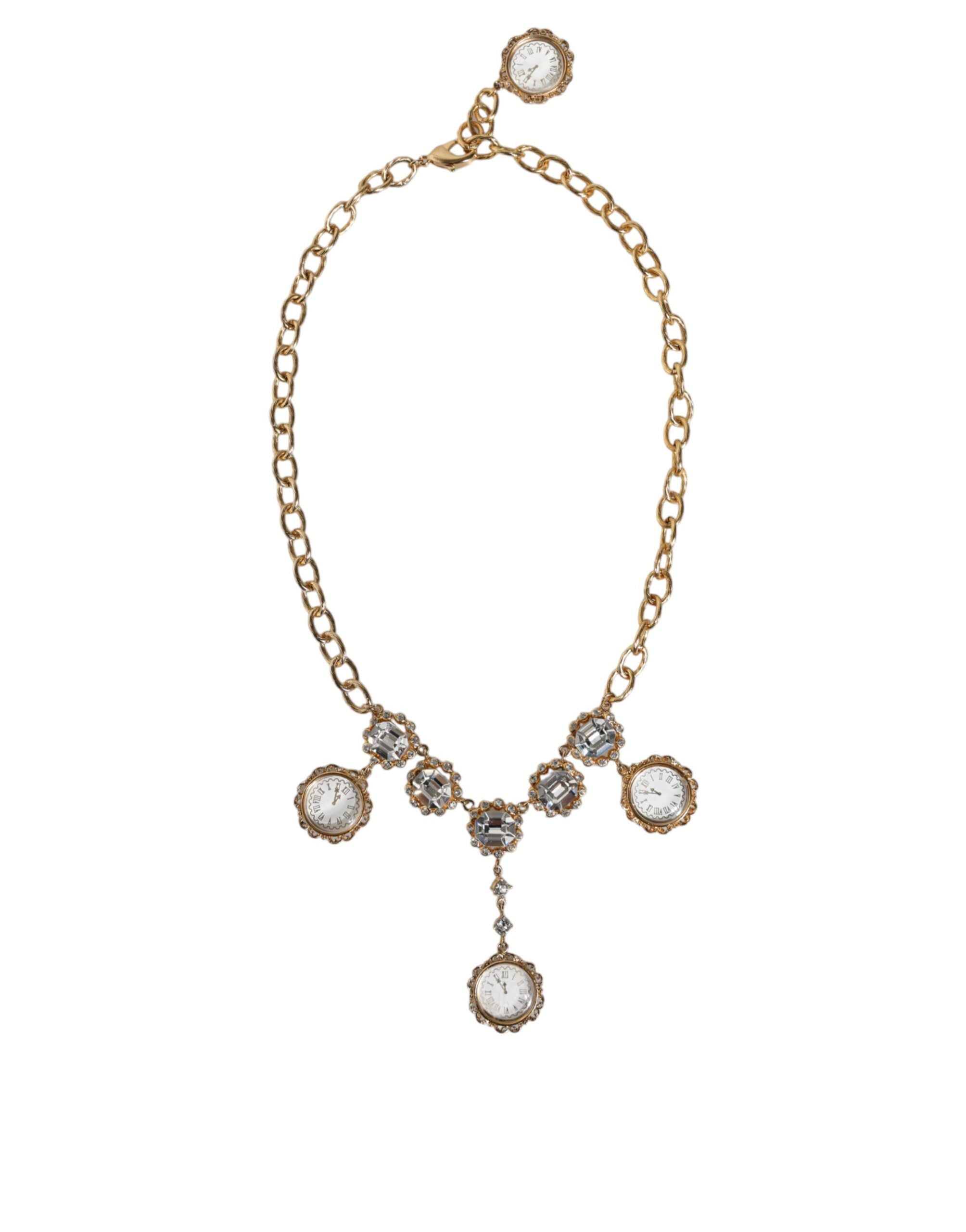 Dolce & Gabbana - Gold Chain Brass Crystal Clock Statement Necklace