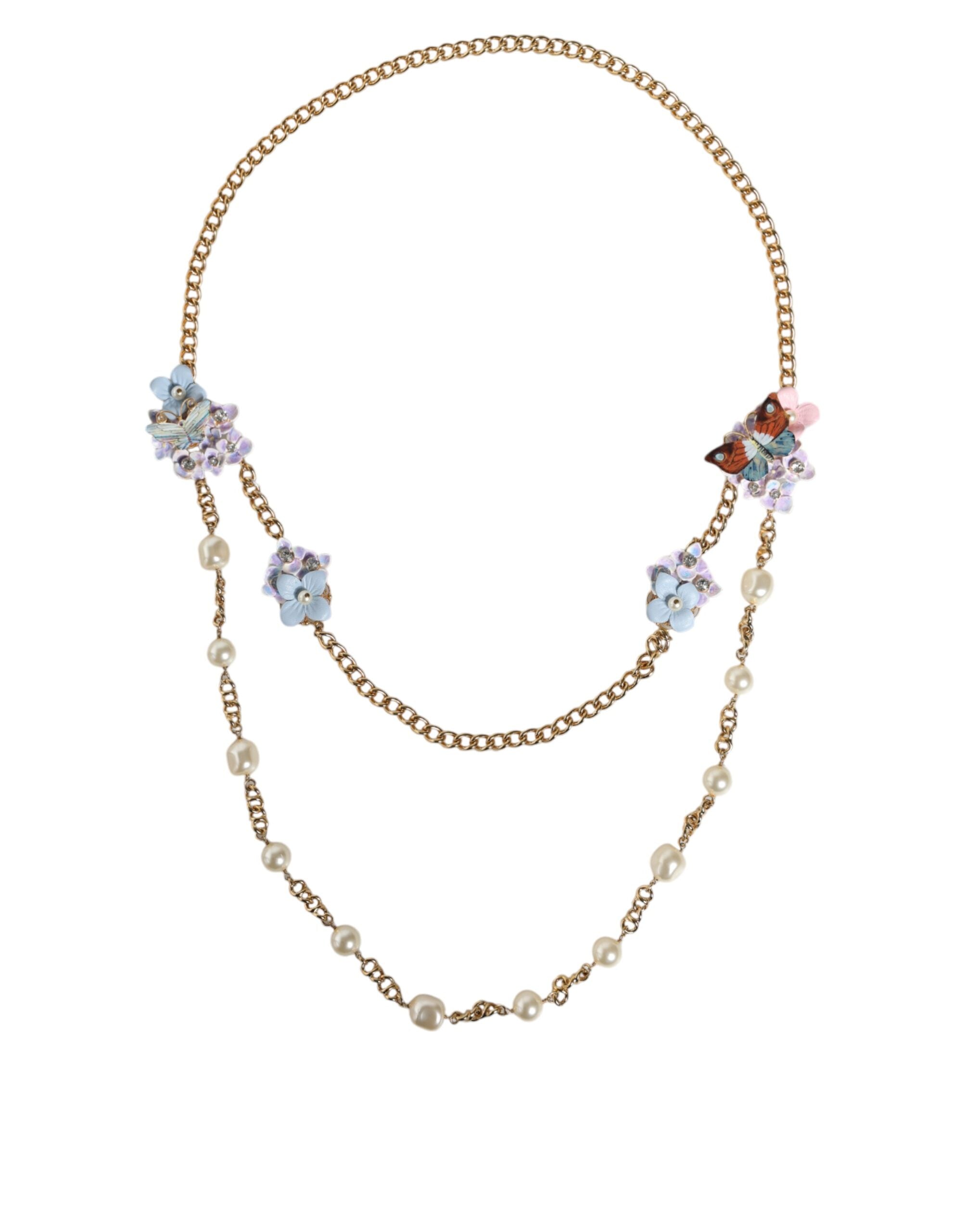 Dolce & Gabbana - Gold Chain Brass Floral Layered Crystal Pearl Necklace
