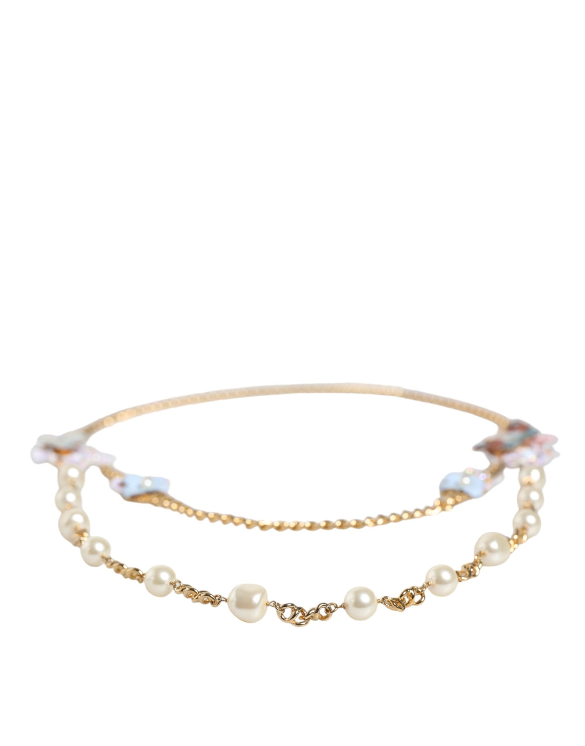 Dolce & Gabbana - Gold Chain Brass Floral Layered Crystal Pearl Necklace