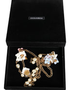 Dolce & Gabbana - Gold Chain Brass Floral Layered Crystal Pearl Necklace