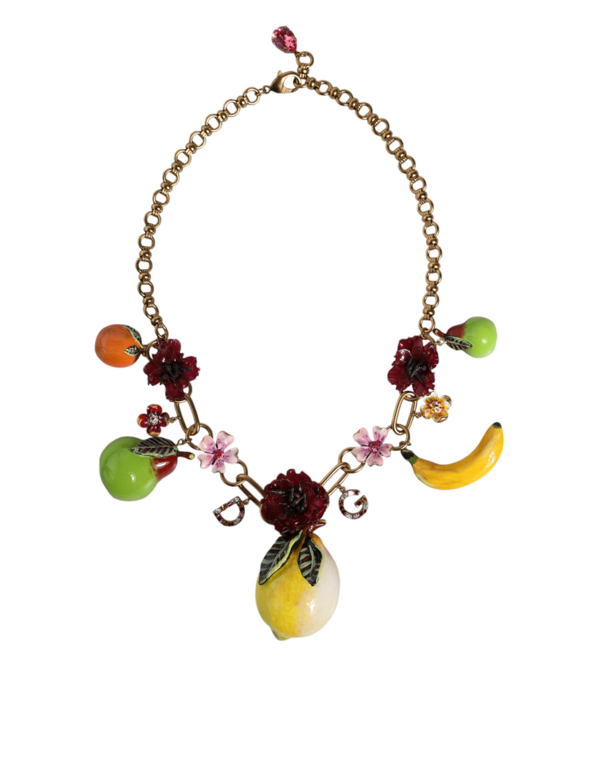 Dolce & Gabbana - Gold Brass FRUIT Pendants Flowers Crystal Logo Necklace