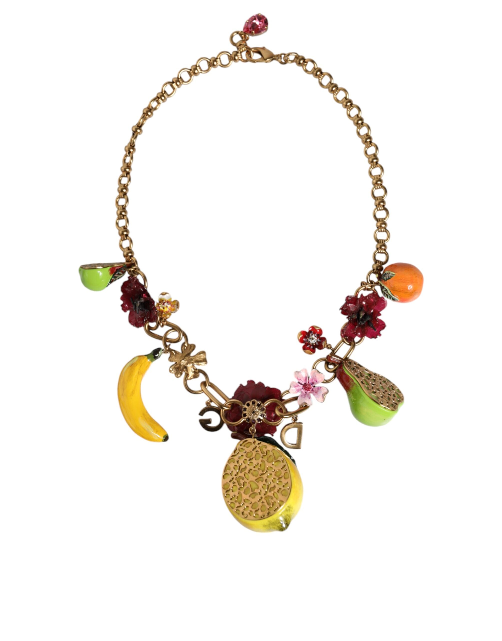 Dolce & Gabbana - Gold Brass FRUIT Pendants Flowers Crystal Logo Necklace