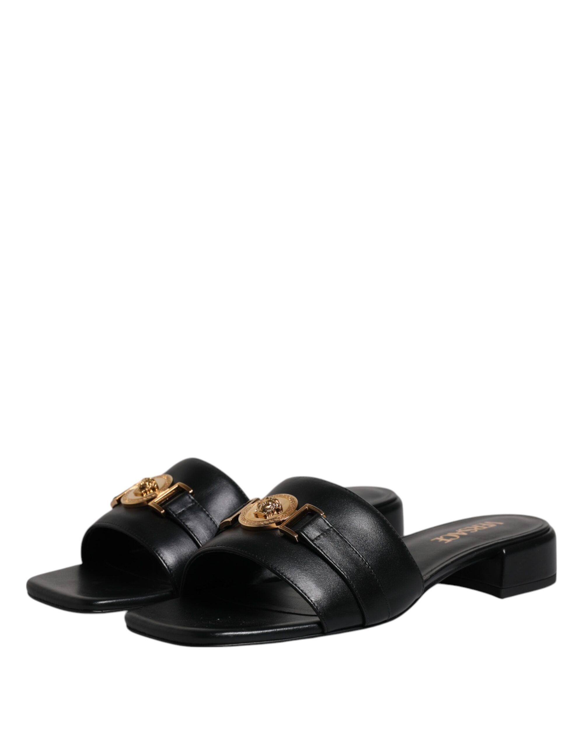 Versace – Black Leather Slip-On Sandals