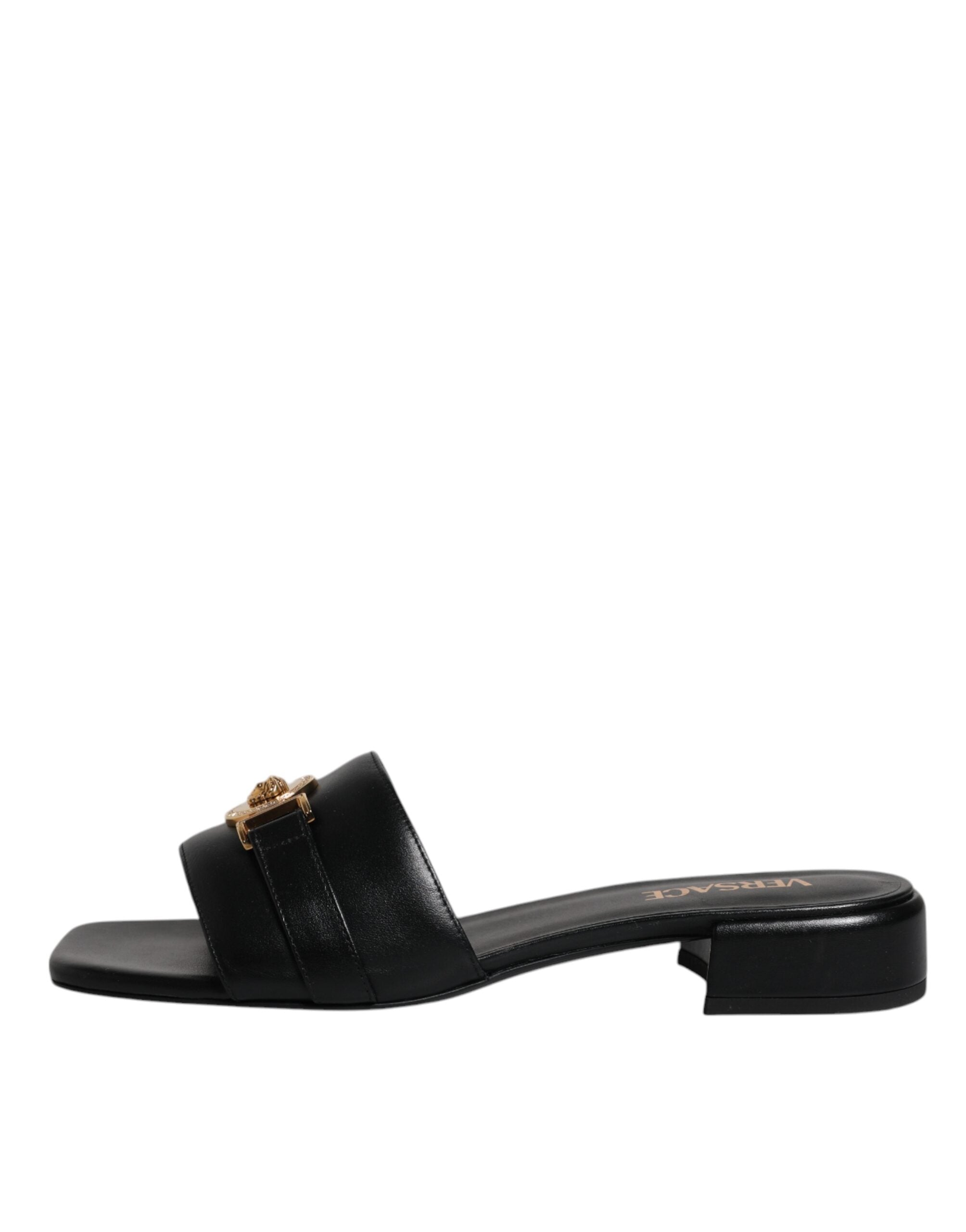 Versace – Black Leather Slip-On Sandals