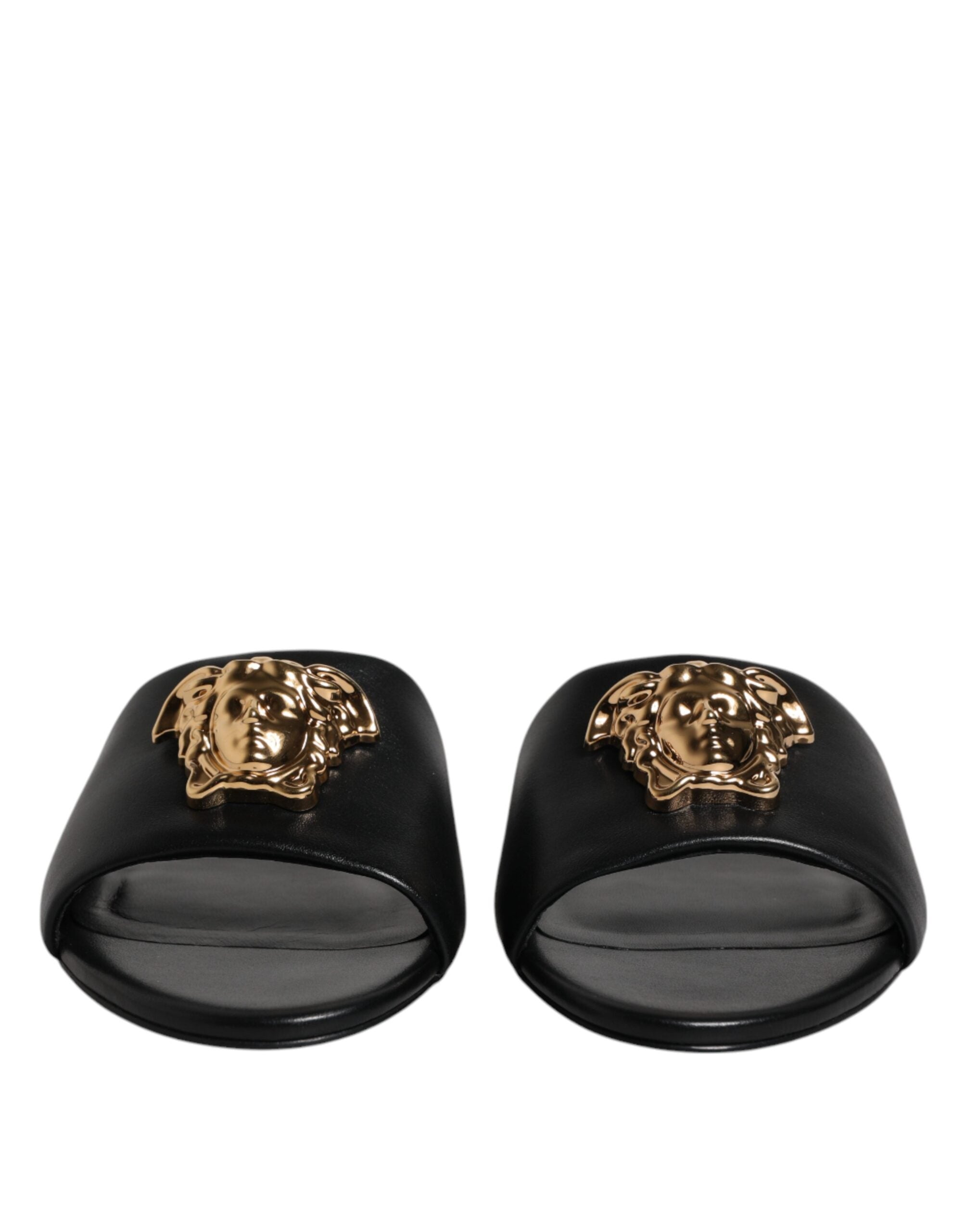 Versace – Black Leather Open Toe Slides