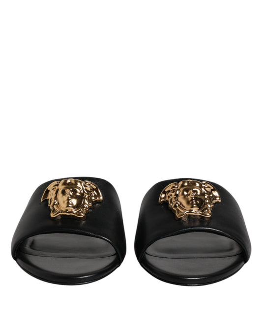 Versace – Black Leather Open Toe Slides