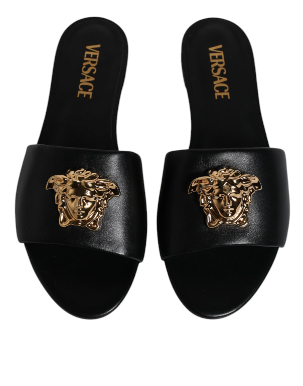 Versace – Black Leather Open Toe Slides