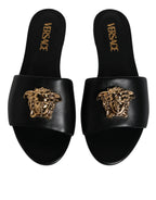 Versace – Black Leather Open Toe Slides