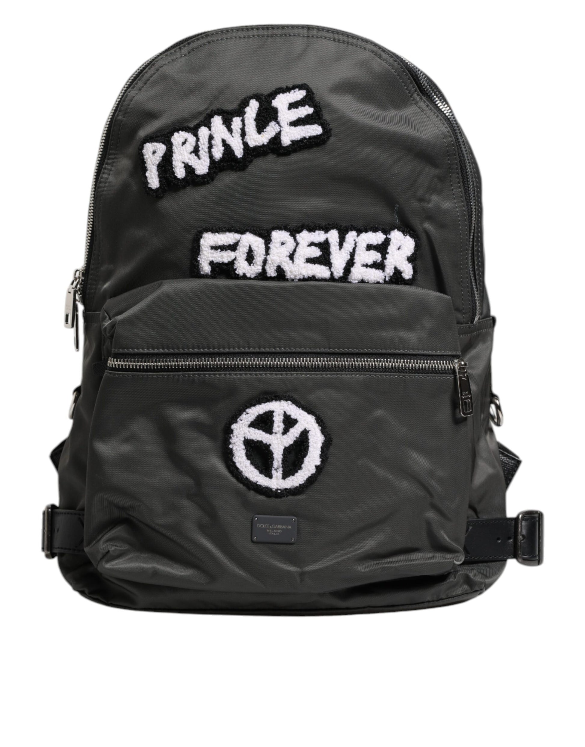 Black backpack with 'Prince Forever' text and logo on a white background