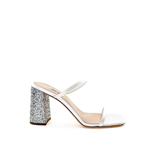 Miu Miu – White Silk Sandals with Glitter Heel
