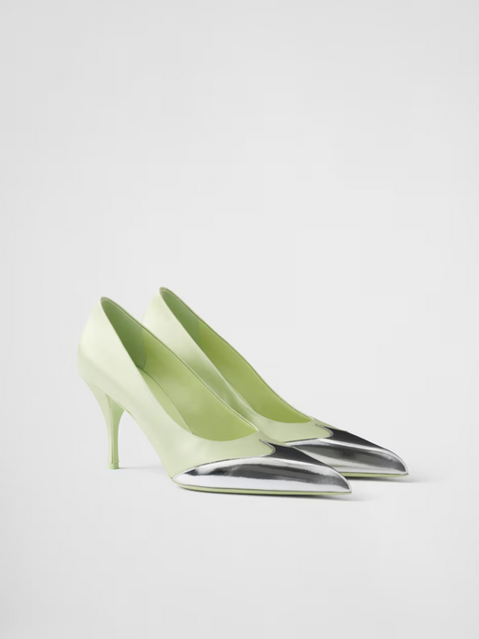 Prada – Satin and Metallic Green Leather Pumps