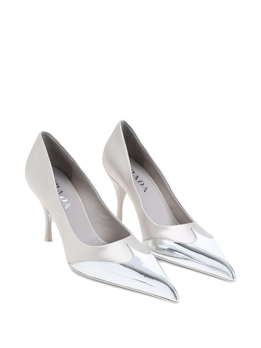 Prada – Satin and Metallic Silver Leather Pumps