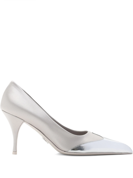 Prada – Satin and Metallic Silver Leather Pumps