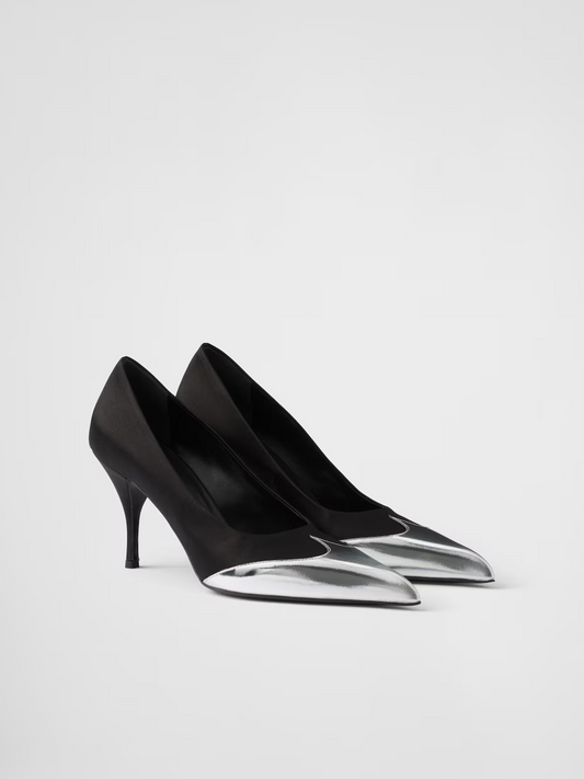 Prada – Black Satin & Metallic Silver Leather Pumps
