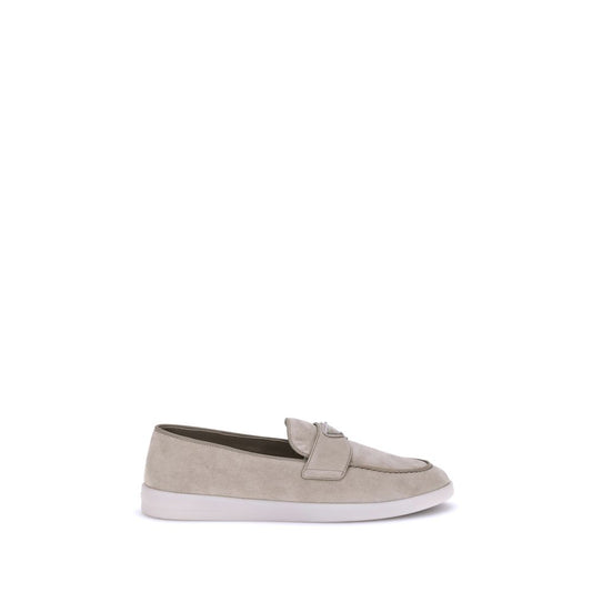 Prada – Beige Suede Loafers with Logo Plaque