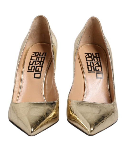 Sergio Rossi – Gold Leather Block Heel Pumps