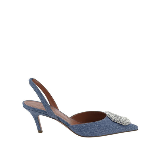 Amina Muaddi – Camelia 60 Printed Denim Slingback Pumps