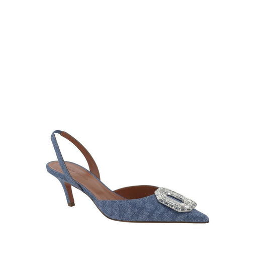 Amina Muaddi – Camelia 60 Printed Denim Slingback Pumps