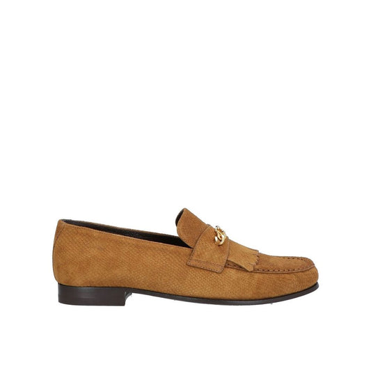Celine – Brown Suede Triomphe Fringed Loafers with Gold Buckle