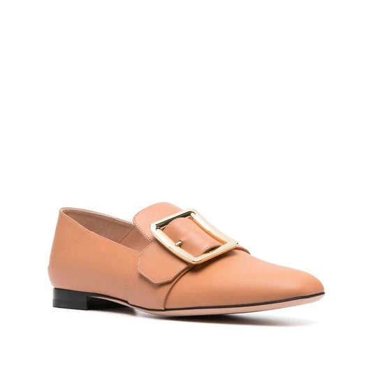 Bally – Tan Leather Loafers with Gold Buckle