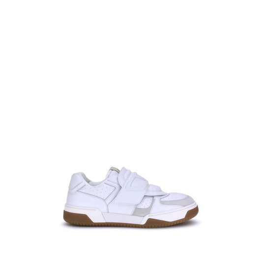 White sneaker with brown sole on a white background