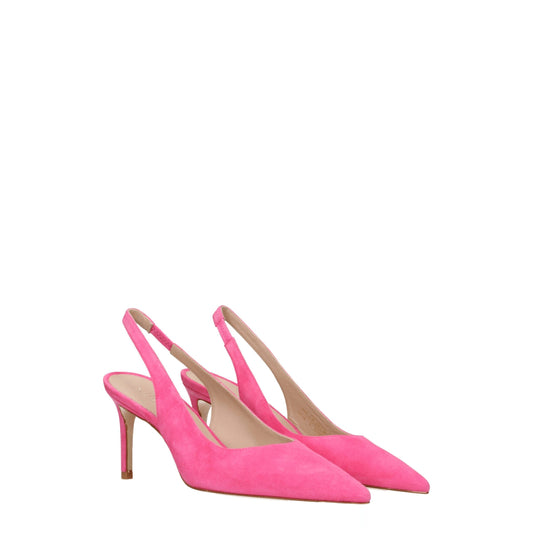 Pair of pink high-heeled shoes on a white background