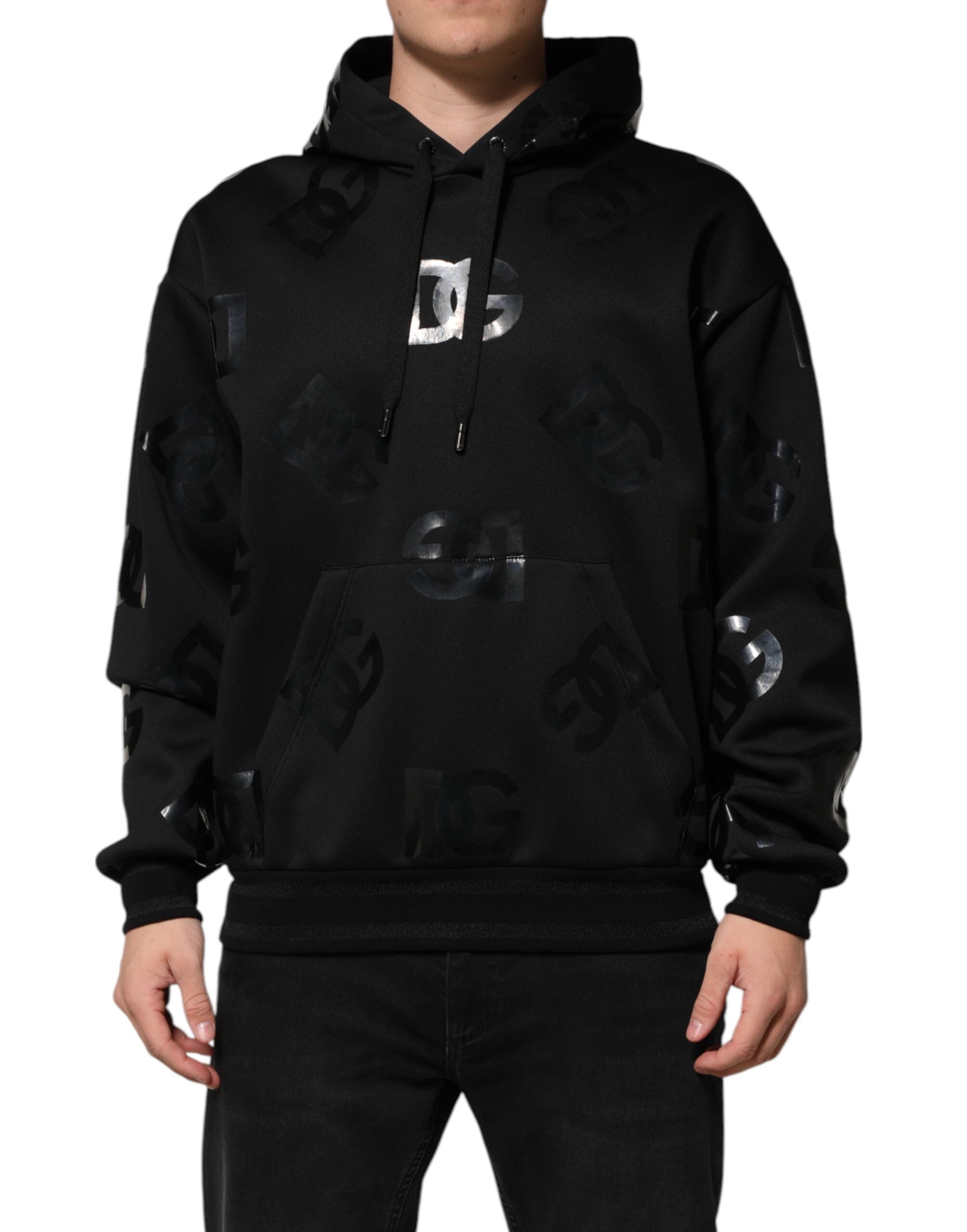 Dolce & Gabbana - Black DG Logo Hoodie Metallic Print Sweater