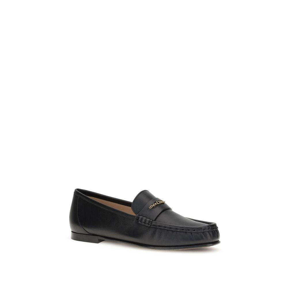 Chloé – Black Leather Loafers with Gold Chain Logo