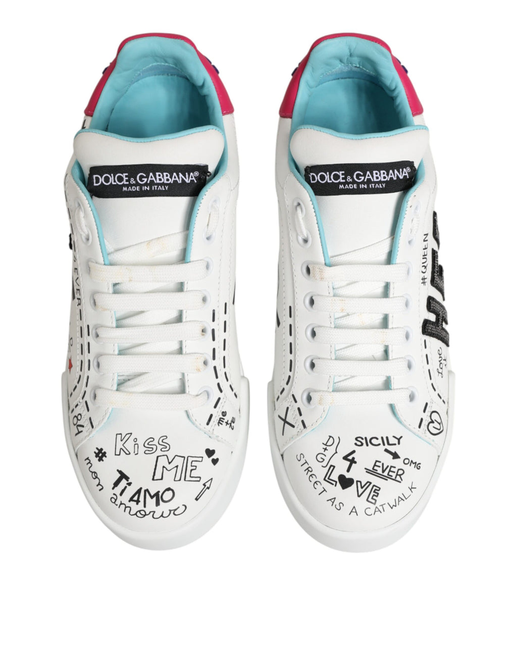 Dolce & Gabbana - White Leather Graffiti Low Top Sneakers Shoes