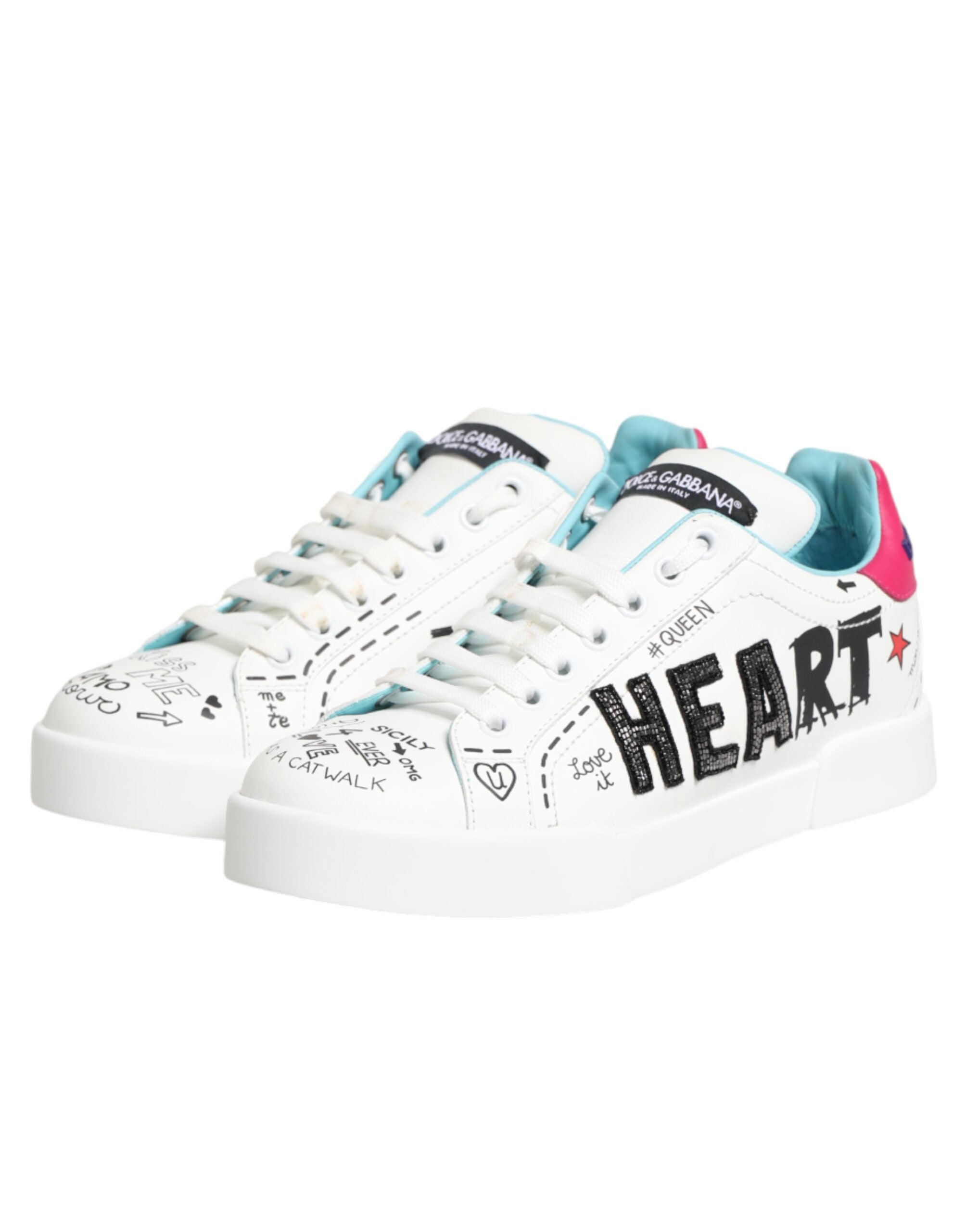 Dolce & Gabbana - White Leather Graffiti Low Top Sneakers Shoes