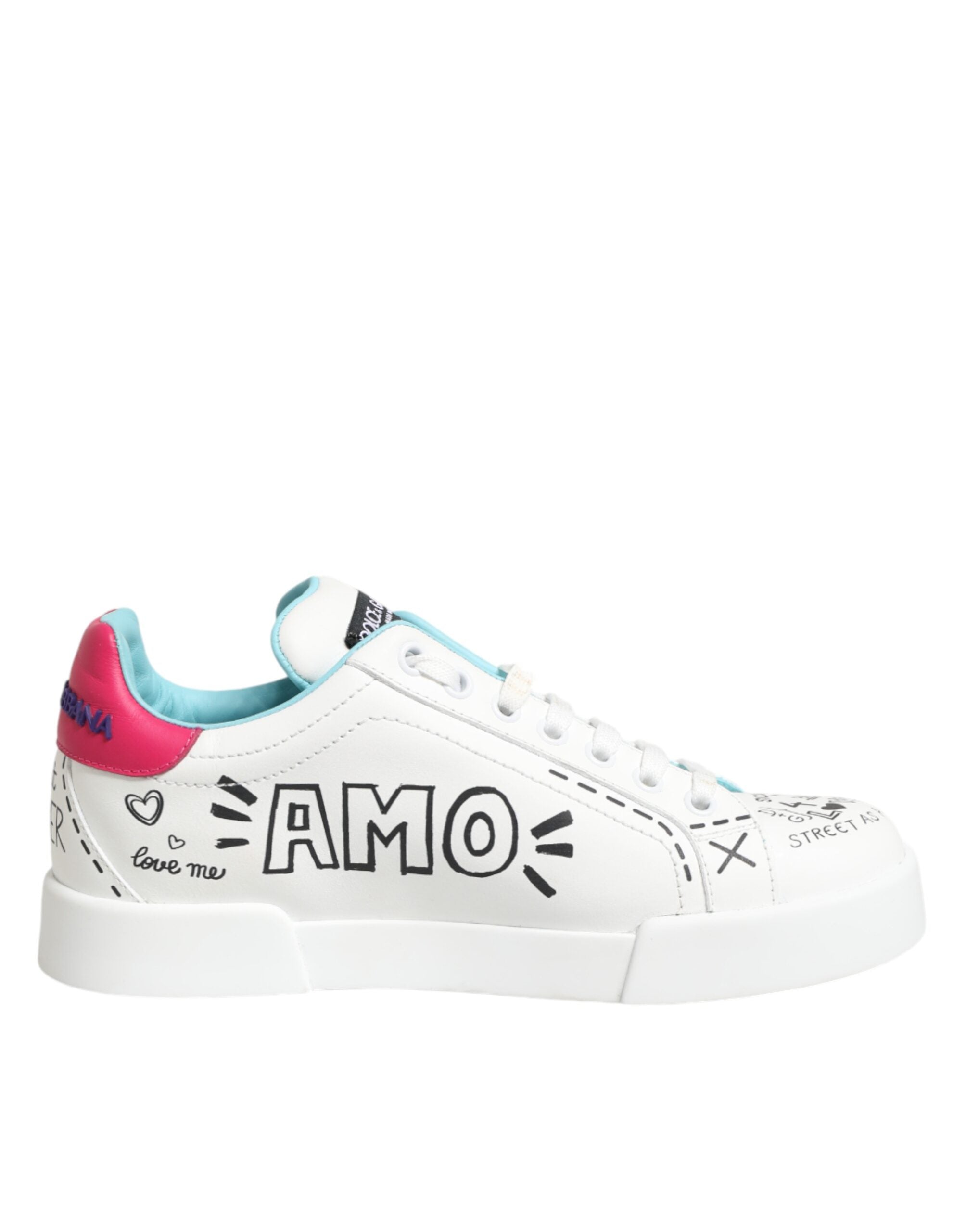 Dolce & Gabbana - White Leather Graffiti Low Top Sneakers Shoes