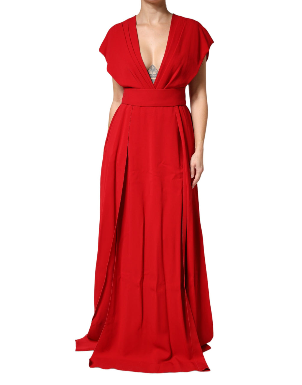Dolce & Gabbana - Red Viscose Plunging Neckline Long Maxi Dress