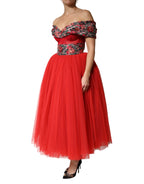 Dolce & Gabbana - Red Floral Off Shoulder A-line Gown Dress