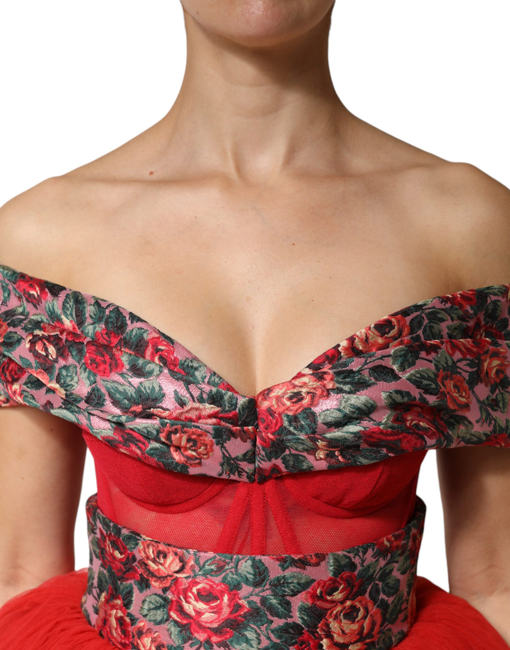 Dolce & Gabbana - Red Floral Off Shoulder A-line Gown Dress