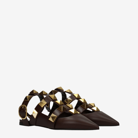 Valentino Garavani – Brown Leather Pointed-Toe Flat Sandals